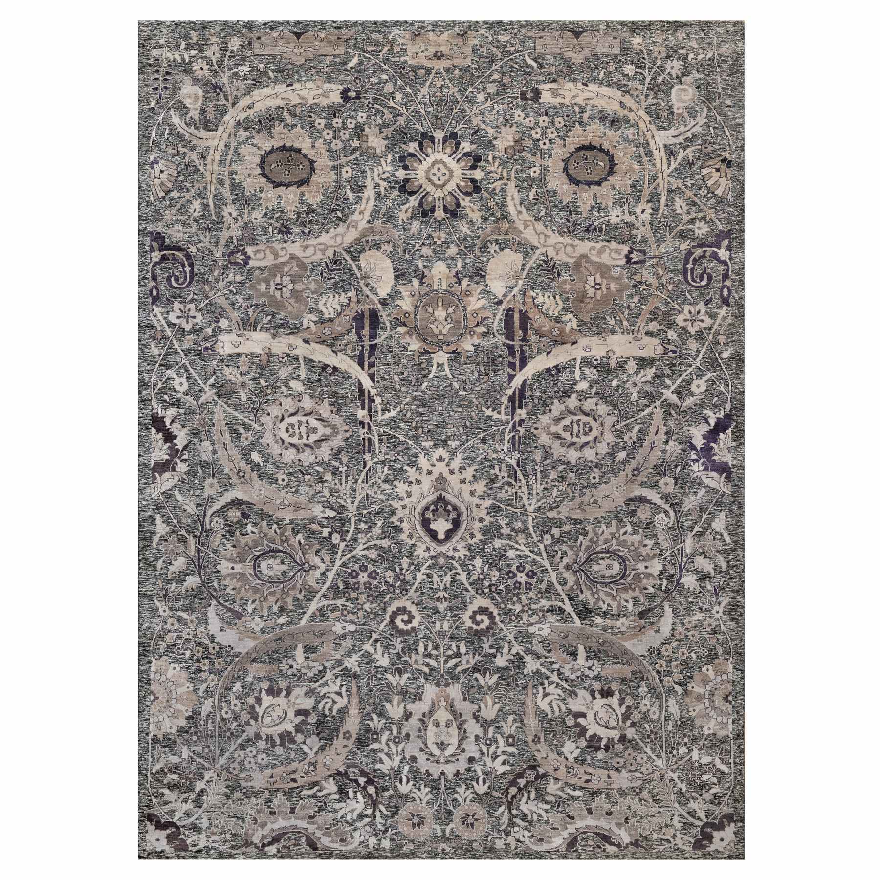 10'x13'10" Charcoal Black, Hand Knotted Sickle Leaf Design Soft Pile, Wool and Silk Oriental Rug 